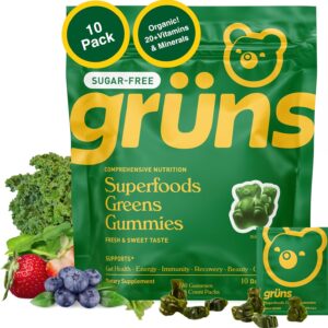 Gruns Sugar-Free Super Greens Gummies, Multivitamin Superfood Gummy Bears, Spirulina, Chlorella, Prebiotics & Fiber gummies for Digestive Health, Adaptogens Supplement, 20 Vitamins & Minerals, 10 pack
