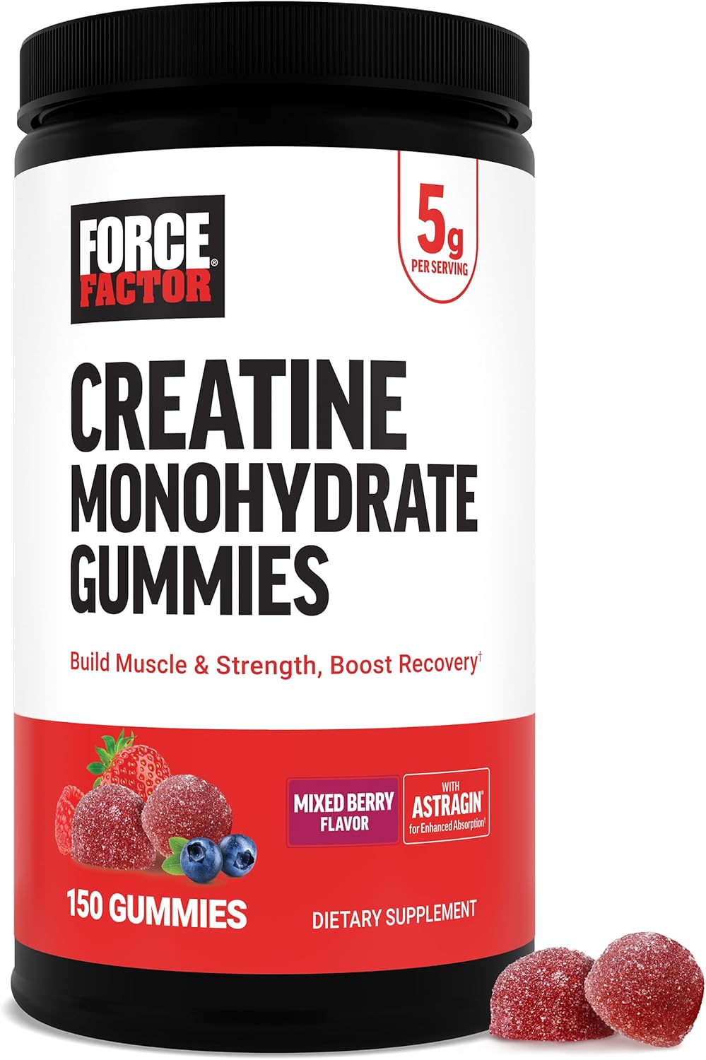 Force Factor Creatine Monohydrate Gummies, 5g Dose for Men & Women to Support Muscle, Strength, Recovery, Cognitive Health & Memory, Mixed Berry, 150 Gummies
