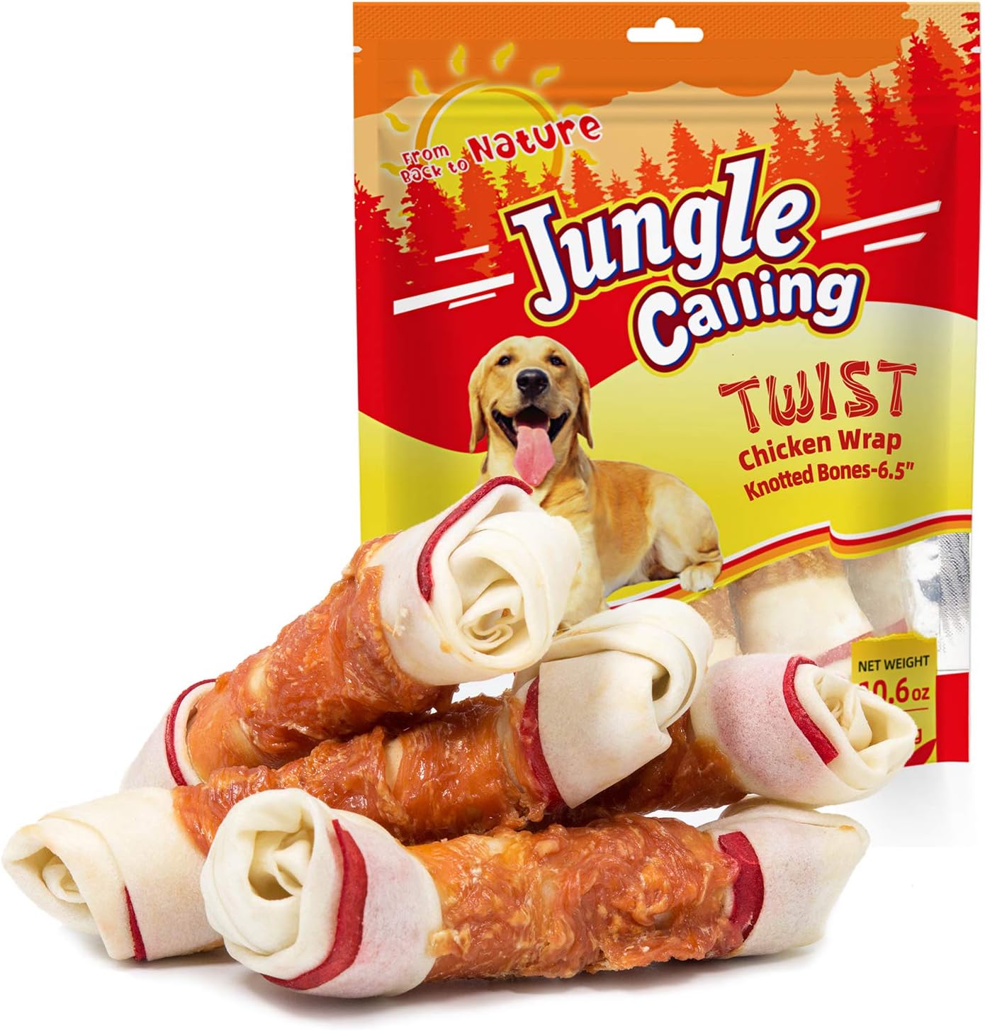 Jungle Calling Chicken Wrap Knotted Bones Dog Chews, Long Lasting Beefhide Treats Real Rawhide Bones for Large Dogs Edible Training Treats